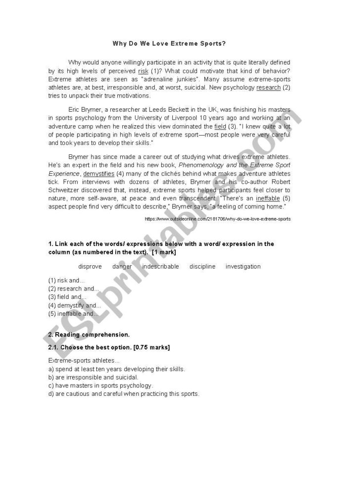 Reading And Writing Extreme Sports  Esl Worksheetlalala