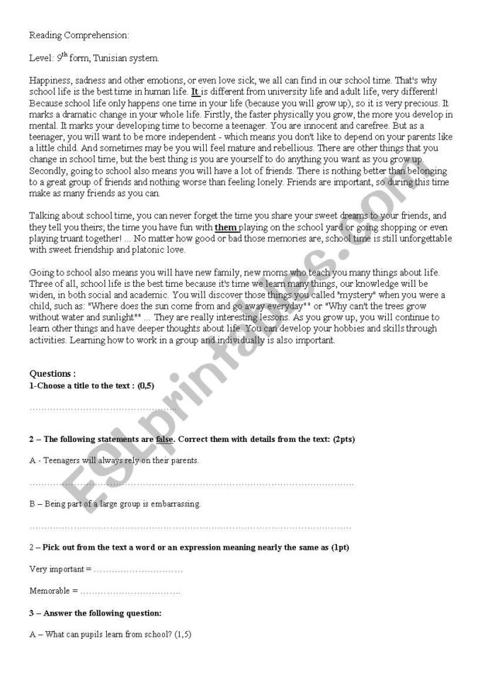 Reading Comprehension 9Th Grade Tunisian System  Esl