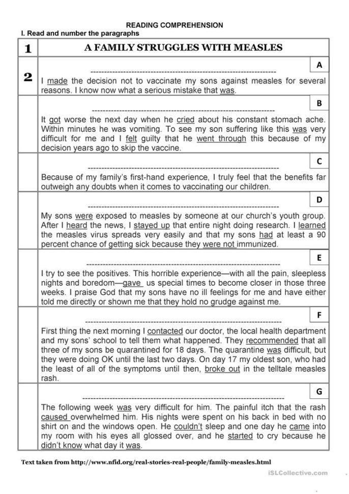 Reading Comprehension About Measles  English Esl Worksheets