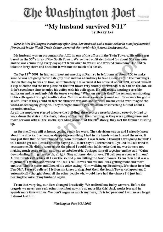 Reading Comprehension About Sep 11Th 911  Esl Worksheet