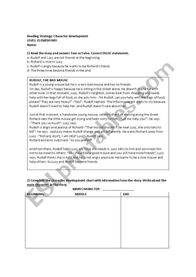 Reading Comprehension And Character Development  Esl