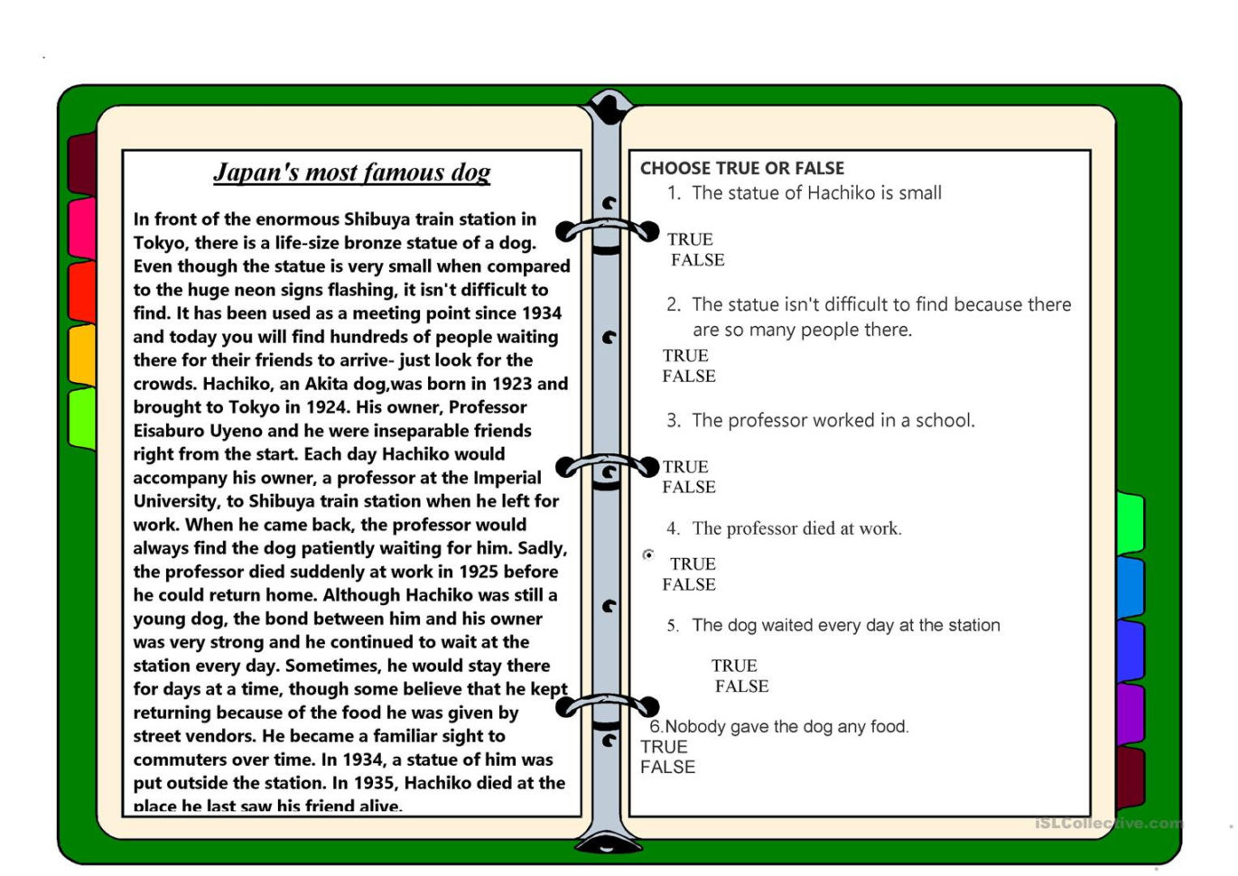 Reading Comprehension Dog Famous In Japan  English Esl