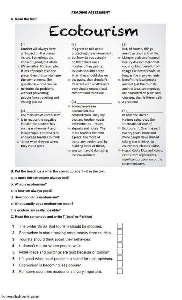 Reading Comprehension Ecotourism  Interactive Worksheet