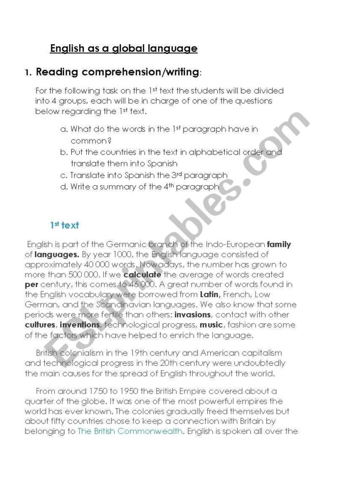 Reading Comprehension English As A Global Language  Esl