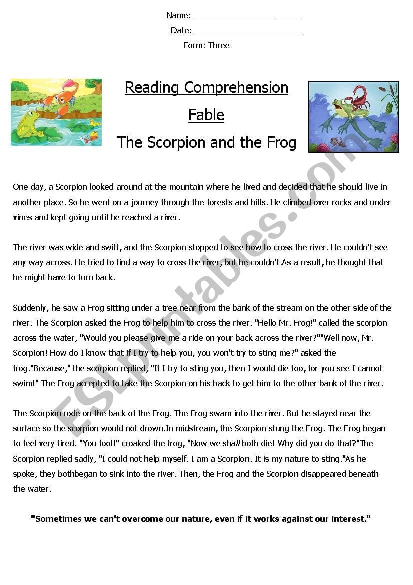 Reading Comprehension ´fable´ The Scorpion And The Frog