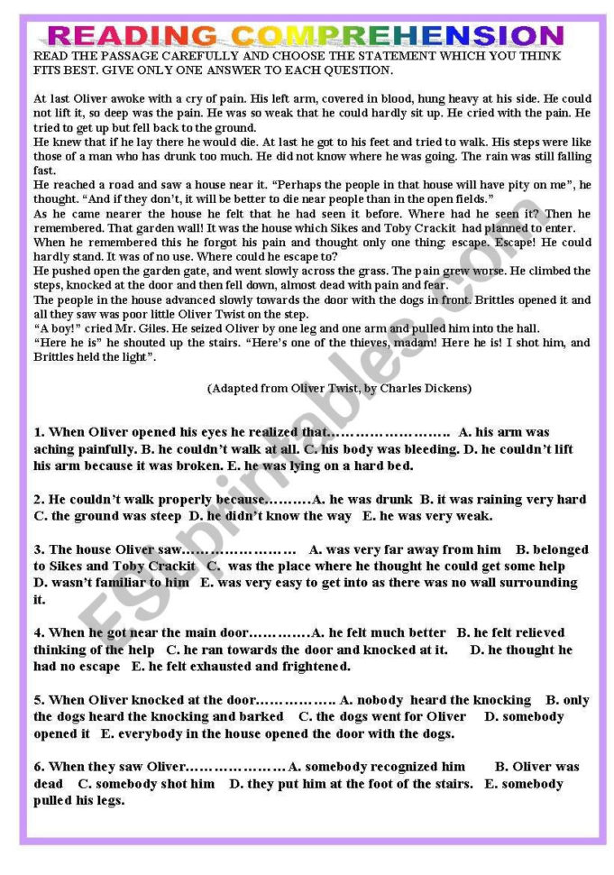 Reading Comprehension  Oliver Twist  Esl Worksheet