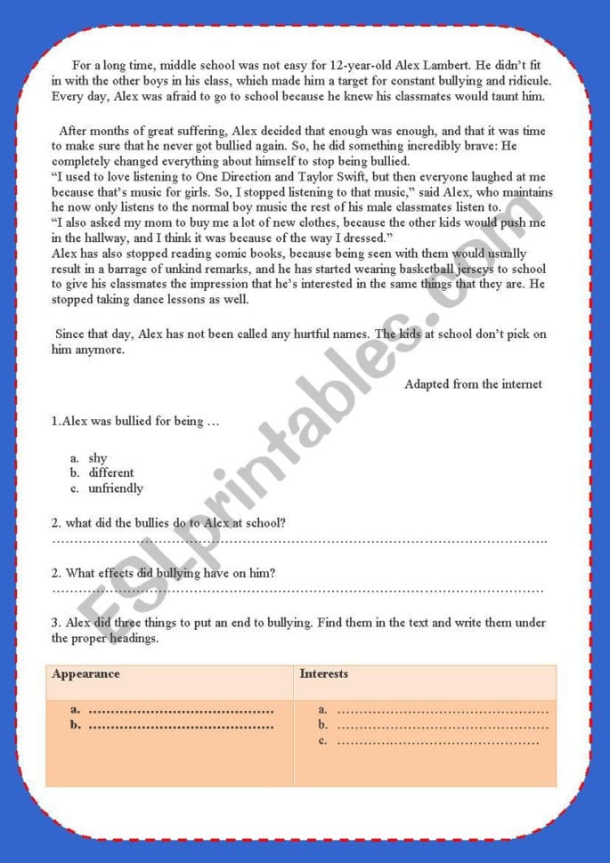 Reading Comprehension Test On Bullying  Esl Worksheet