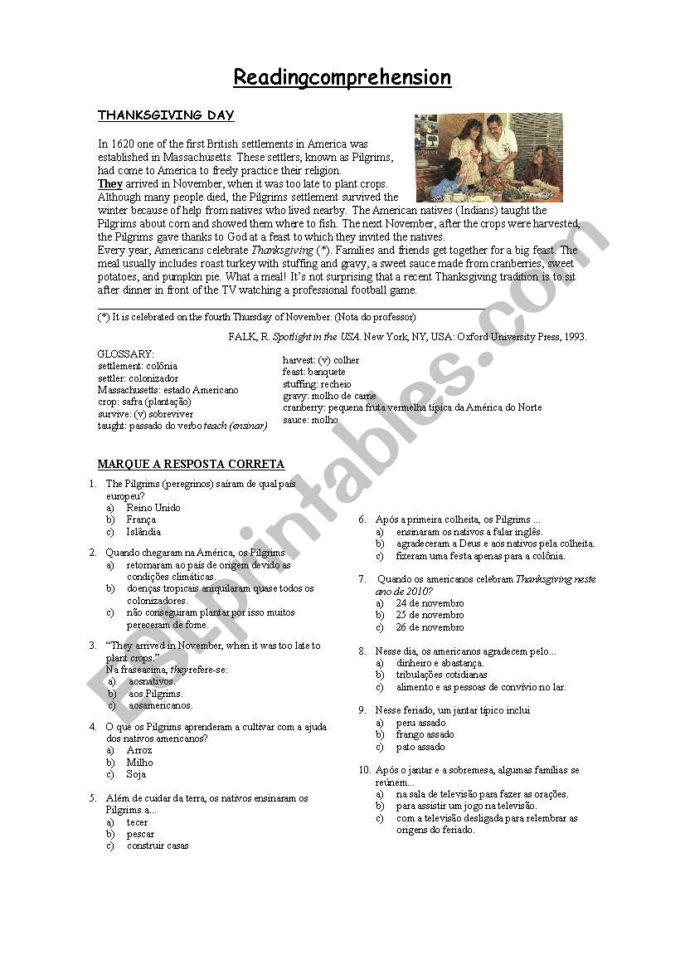 Reading Comprehension  Thanksgiving  Esl Worksheet