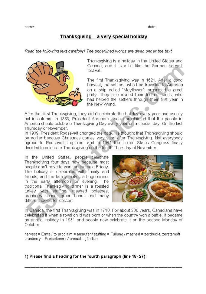 Reading Comprehension Thanksgiving  Esl Worksheet
