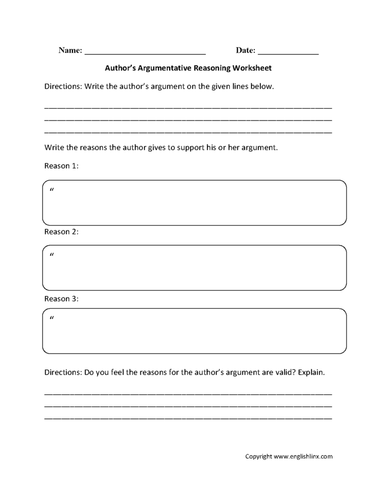 Reading Comprehension Worksheets  Author's Argumentative