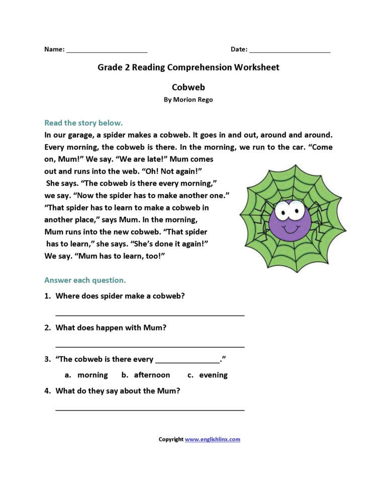 Reading Comprehension Worksheets For 2Nd Grade To Printable  Math