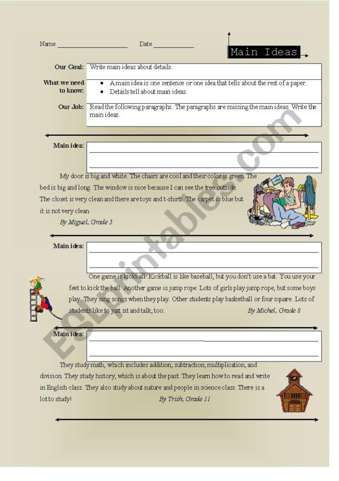 Reading Comprehension Writing Main Ideas  Esl Worksheet