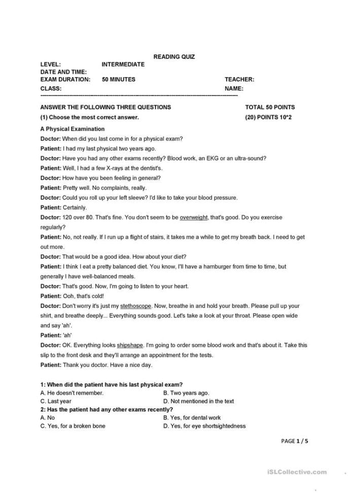Reading Exam  Quiz  Worksheet  Jobs  Medical Vocabulary
