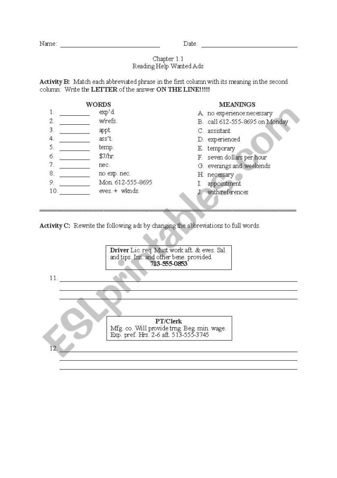 Reading Helpnted Ads  Esl Worksheetmad27858