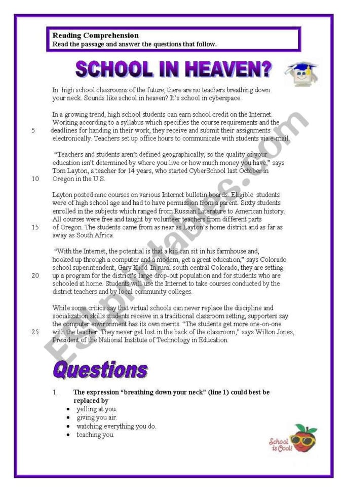 Reading Passage School In Heaven  Esl Worksheetpirchy