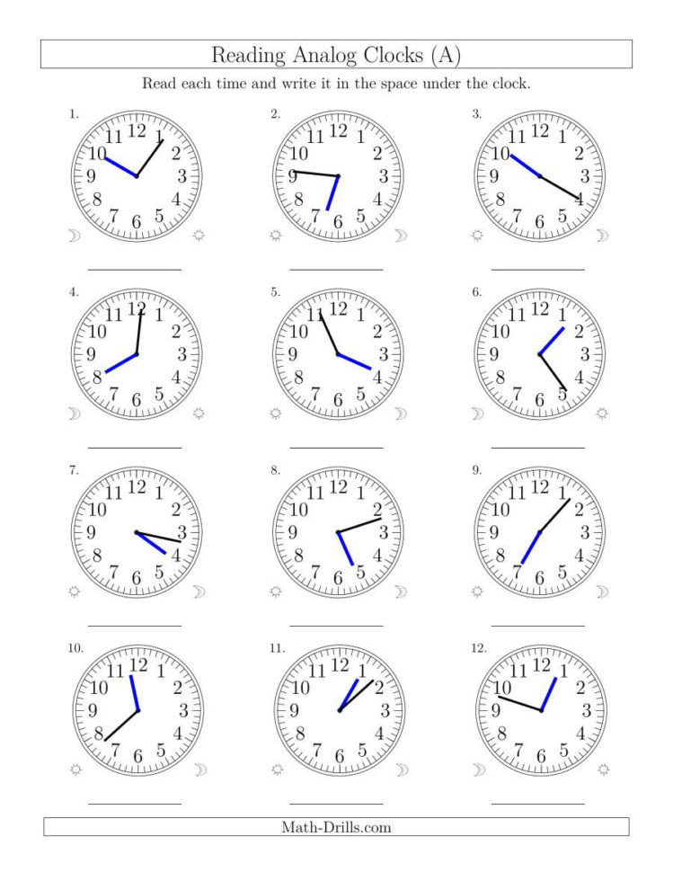 Reading Time On 12 Hour Analog Clocks In 1 Minute Intervals A
