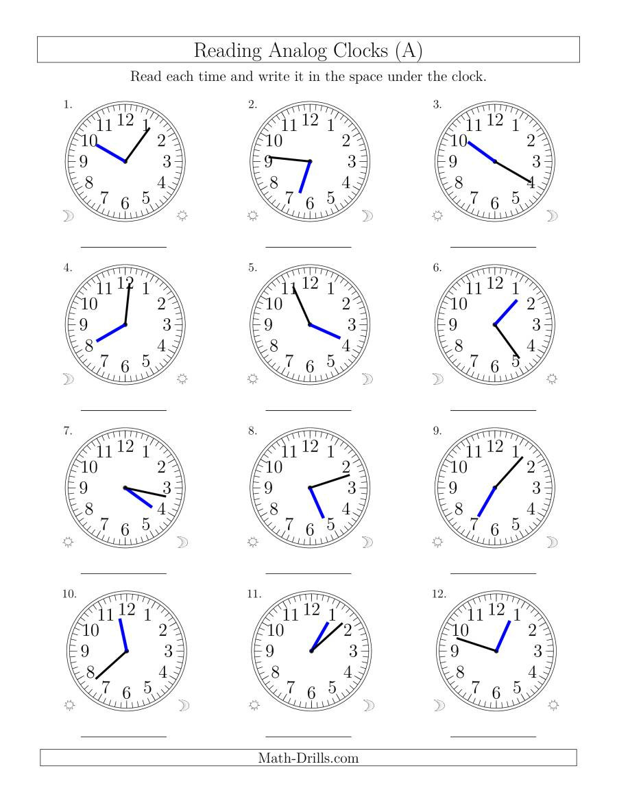 Reading Time On 12 Hour Analog Clocks In 1 Minute Intervals A