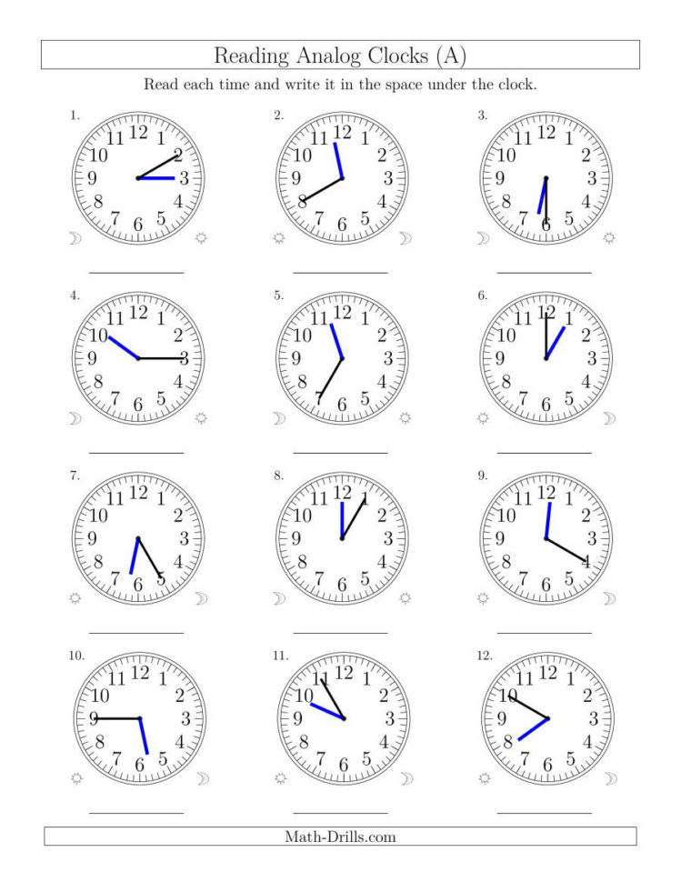 Reading Time On 12 Hour Analog Clocks In 5 Minute Intervals A