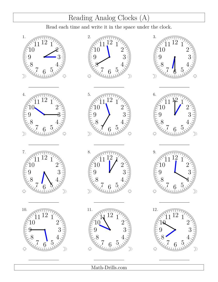 Reading Time On 12 Hour Analog Clocks In 5 Minute Intervals A