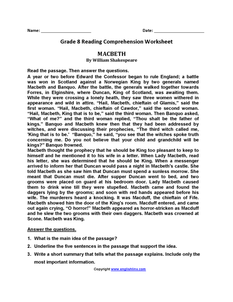 Reading Worksheets  Eighth Grade Reading Worksheets
