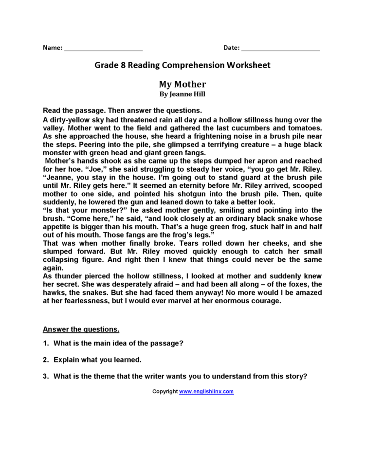 Reading Worksheets  Eighth Grade Reading Worksheets