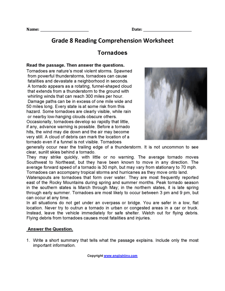 Reading Worksheets  Eighth Grade Reading Worksheets