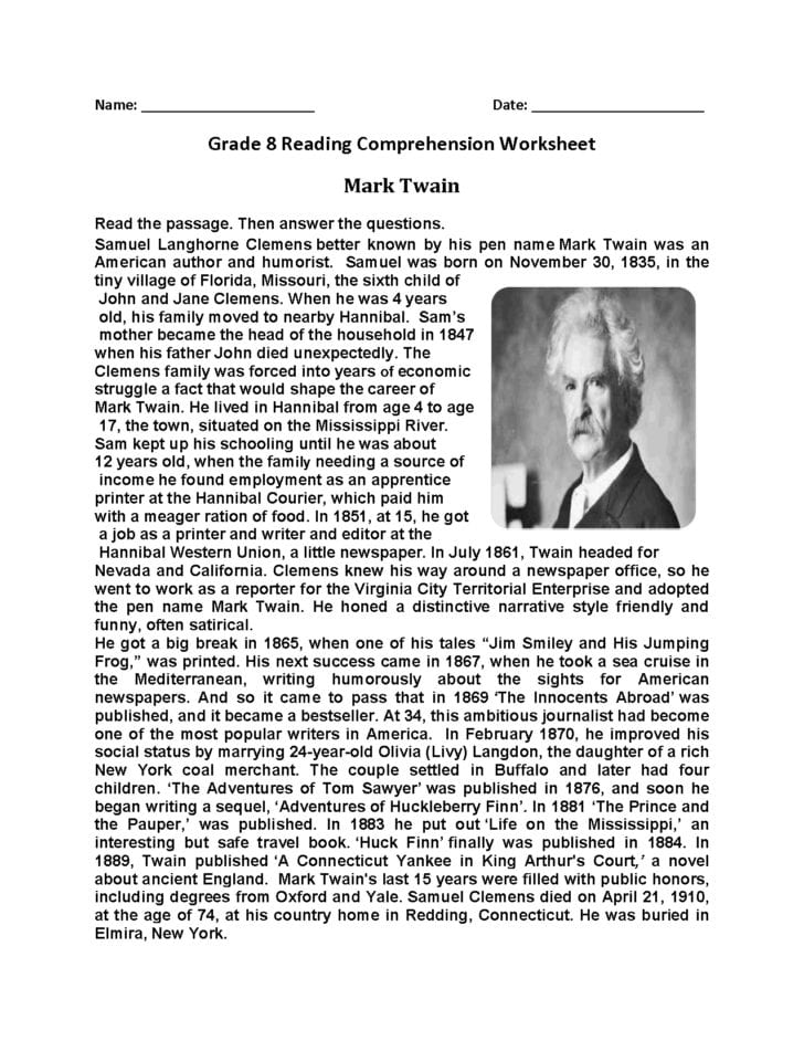 8Th Grade Reading Comprehension Worksheets — db-excel.com