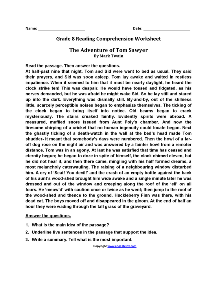 Reading Worksheets  Eighth Grade Reading Worksheets