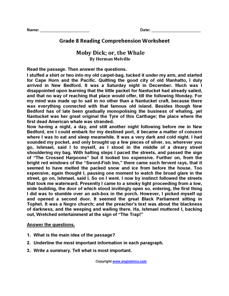 Reading Worksheets  Eighth Grade Reading Worksheets