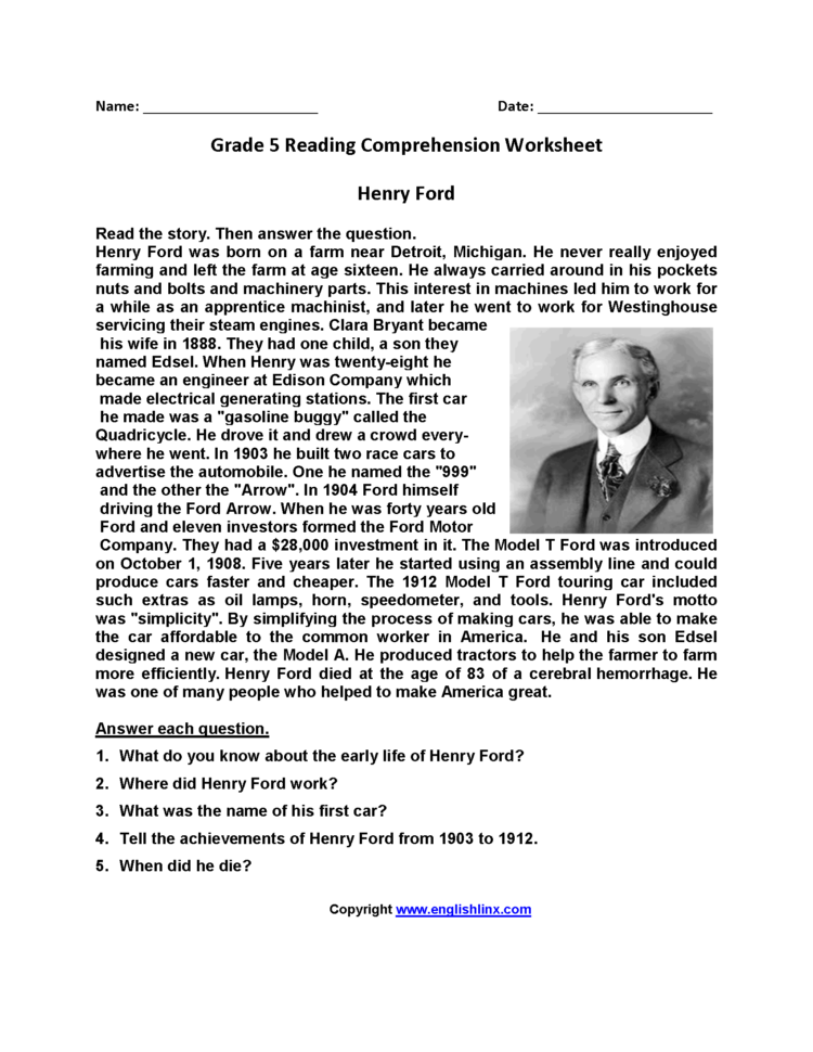 Reading Worksheets  Fifth Grade Reading Worksheets
