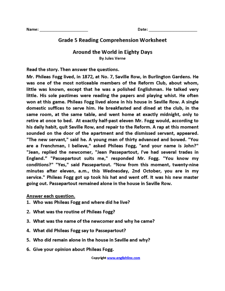 Reading Worksheets  Fifth Grade Reading Worksheets