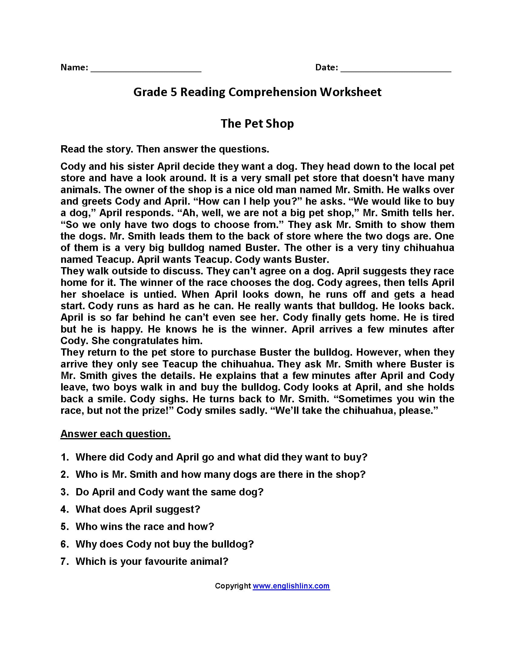 Reading Worksheets  Fifth Grade Reading Worksheets