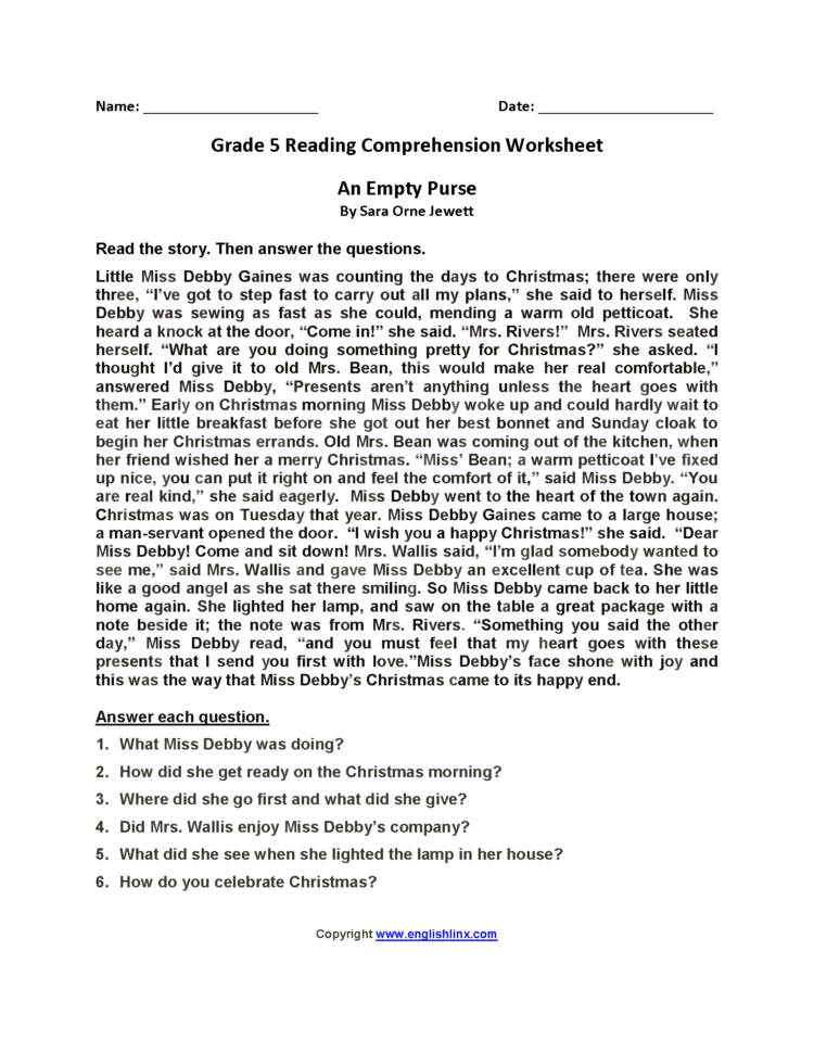 Reading Worksheets  Fifth Grade Reading Worksheets