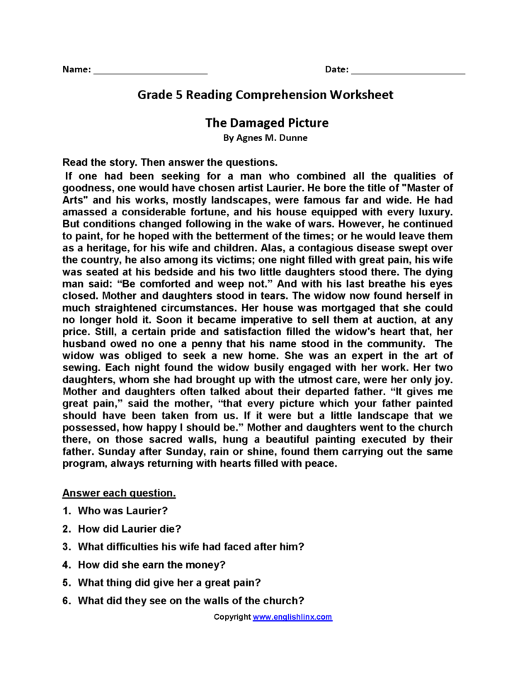 Reading Worksheets  Fifth Grade Reading Worksheets