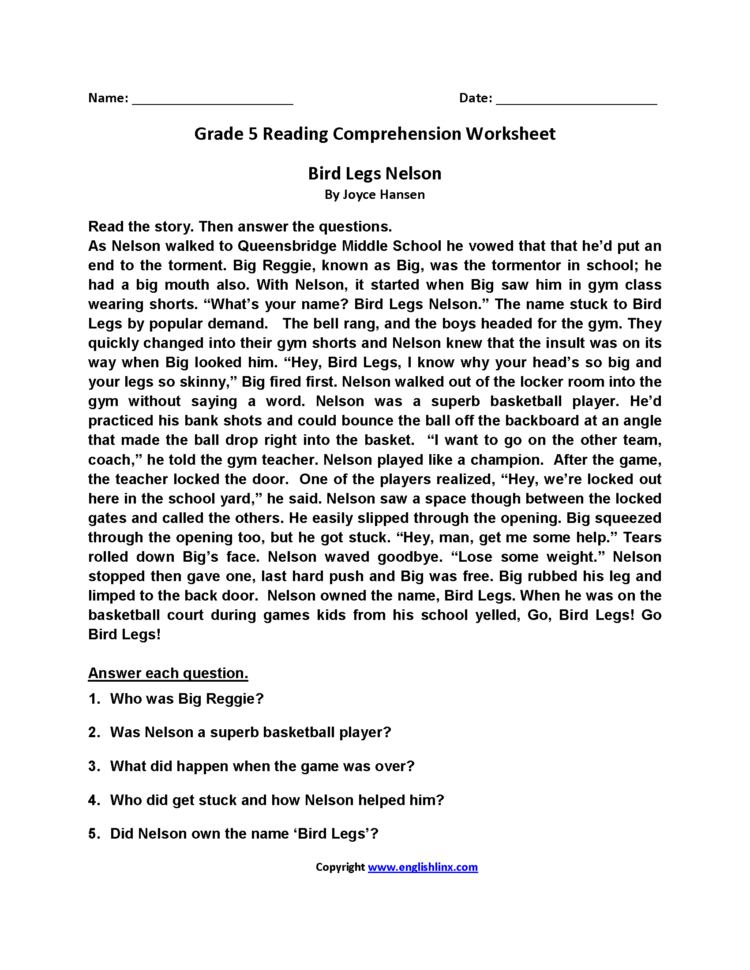 Reading Worksheets  Fifth Grade Reading Worksheets