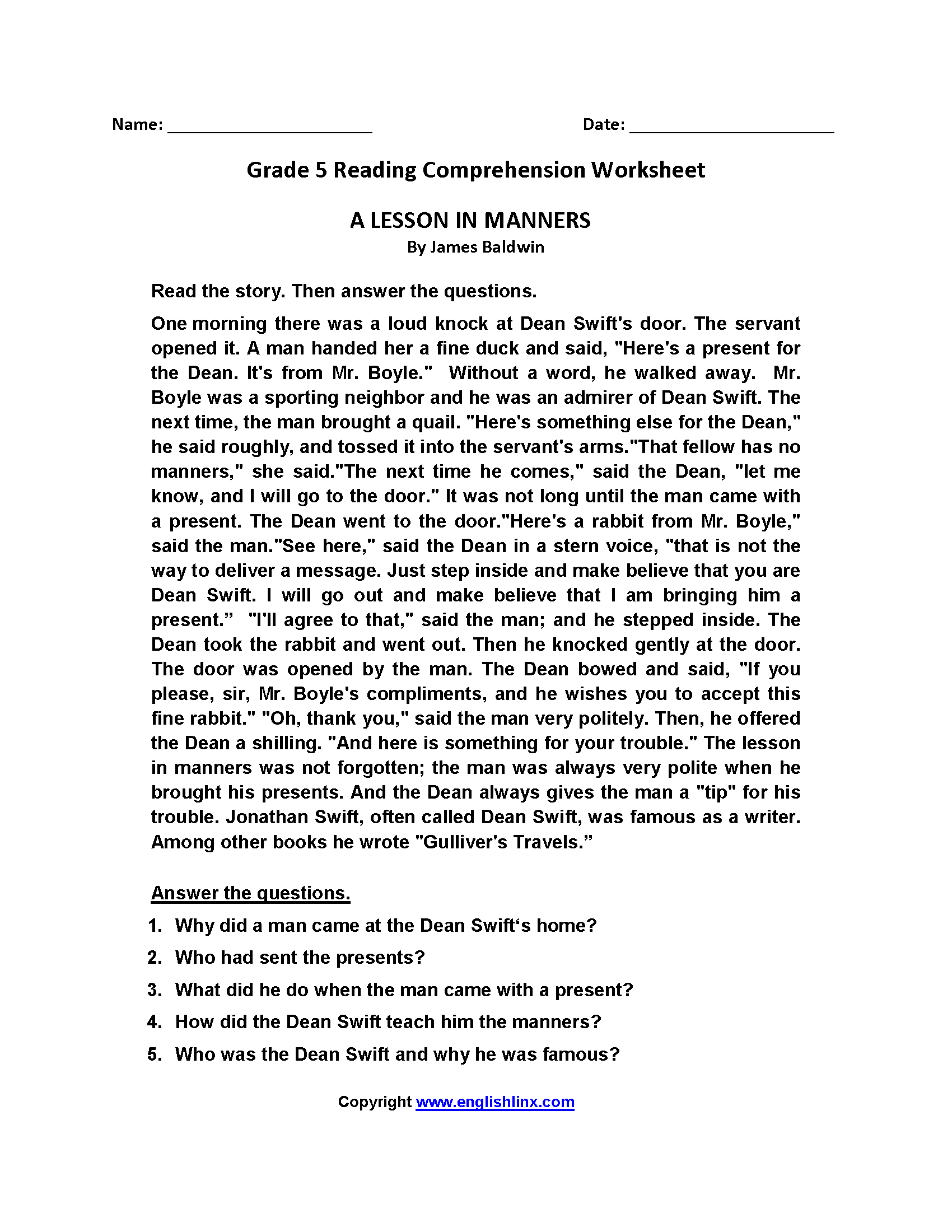 Reading Worksheets  Fifth Grade Reading Worksheets