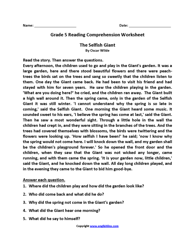 Reading Worksheets  Fifth Grade Reading Worksheets
