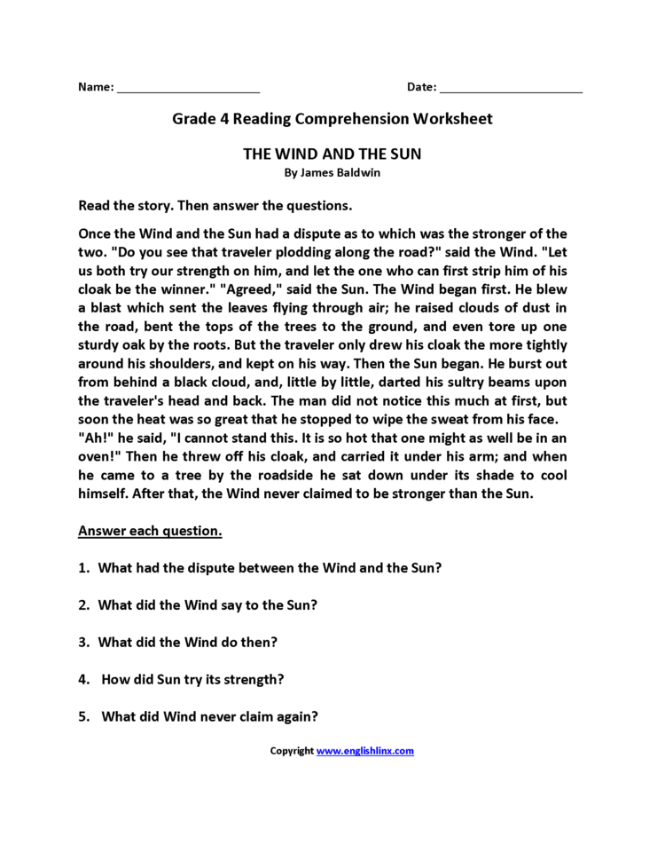 Reading Worksheets  Fourth Grade Reading Worksheets