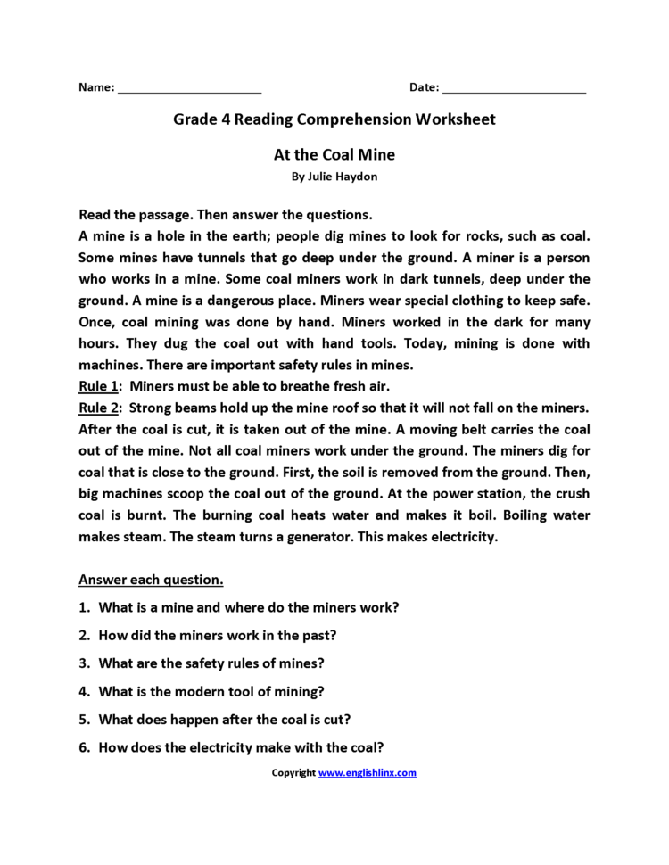 Reading Worksheets  Fourth Grade Reading Worksheets