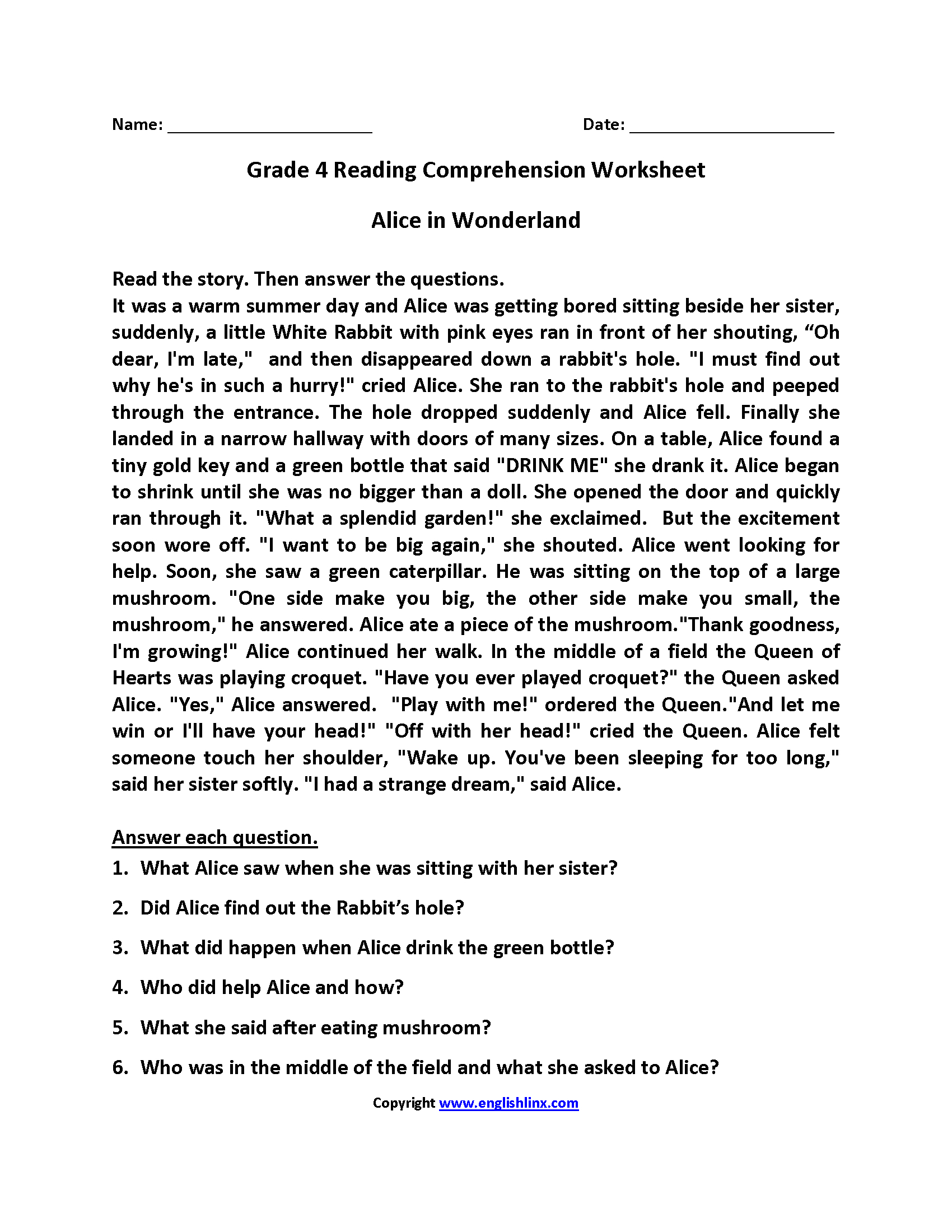 Reading Worksheets  Fourth Grade Reading Worksheets