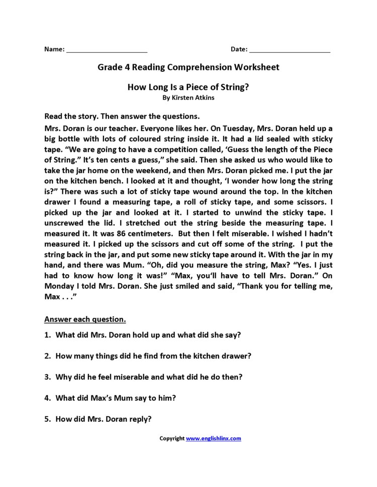 Reading Worksheets  Fourth Grade Reading Worksheets