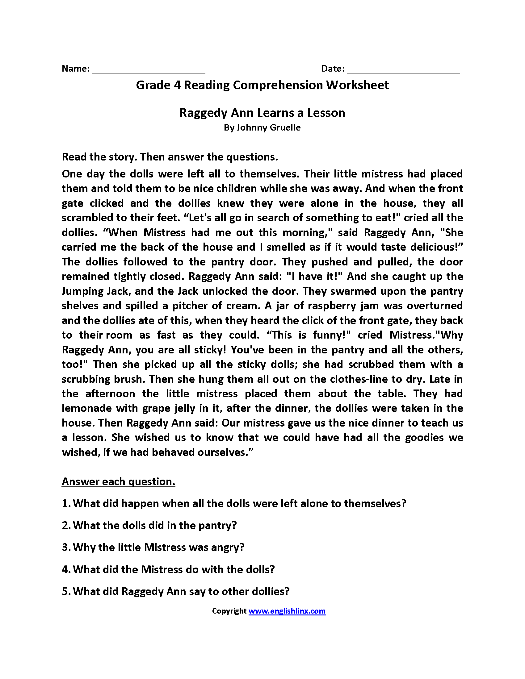  4Th Grade Reading Worksheets Db excel