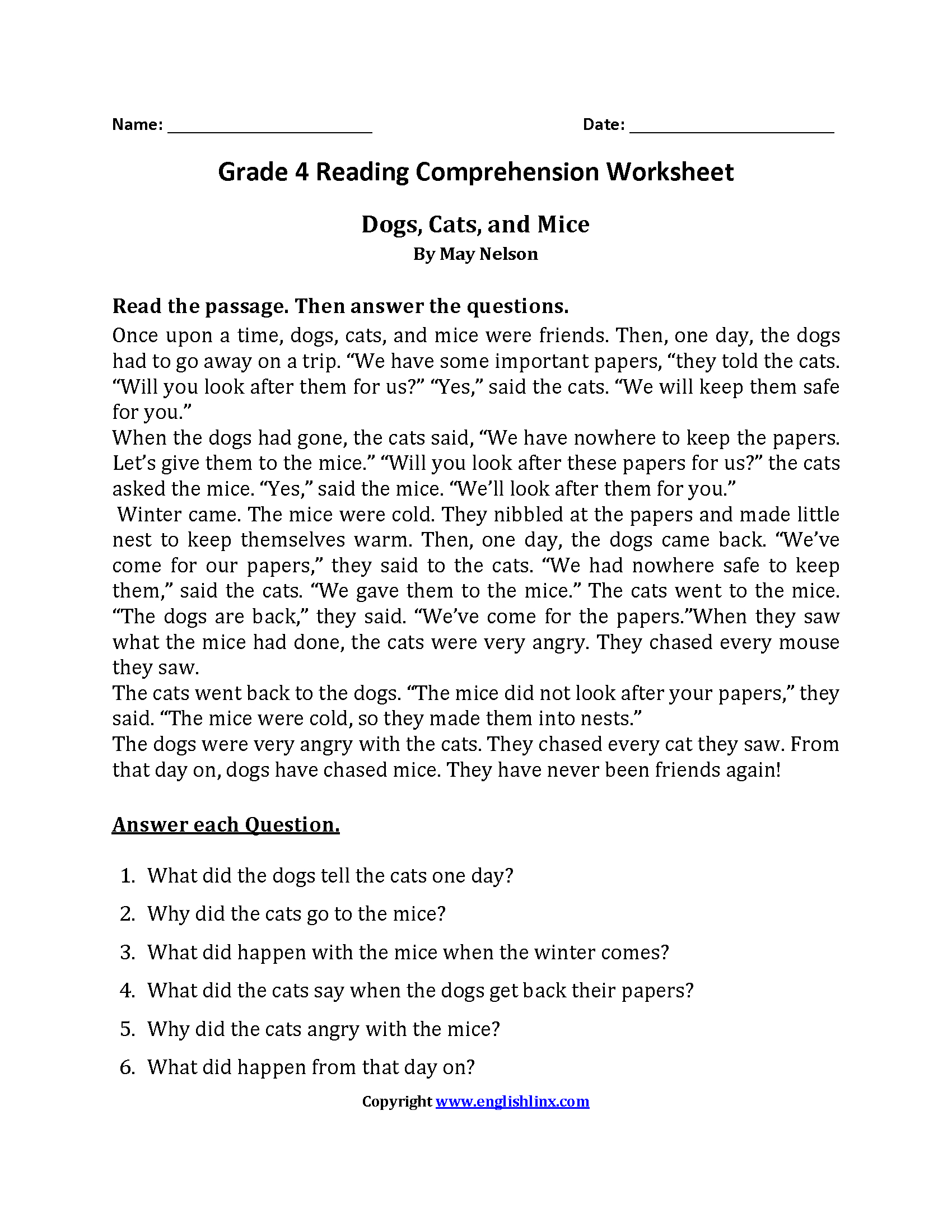 Reading Worksheets  Fourth Grade Reading Worksheets