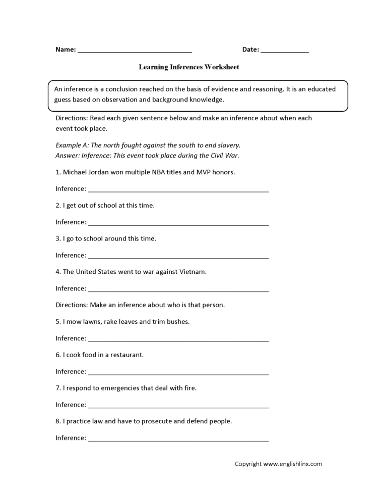 Reading Worksheets  Inference Worksheets