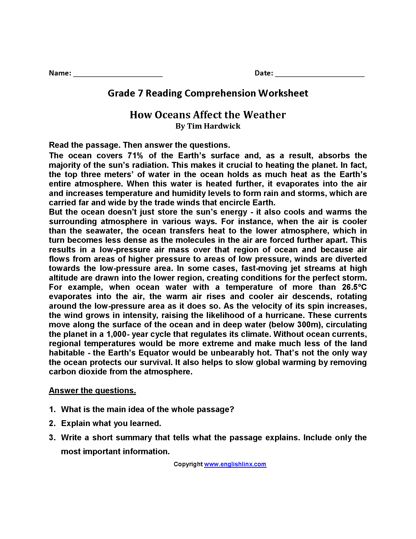 7th Grade Reading Comprehension Worksheets Pdf Name Tracing Db Excelcom 