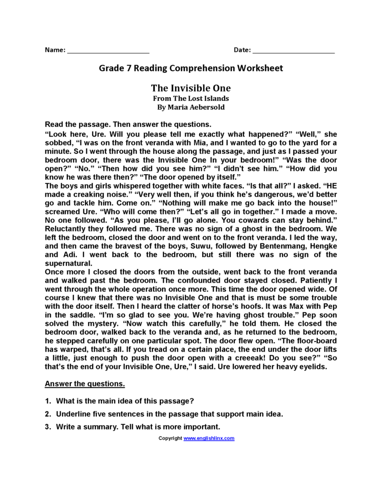 Reading Worksheets  Seventh Grade Reading Worksheets
