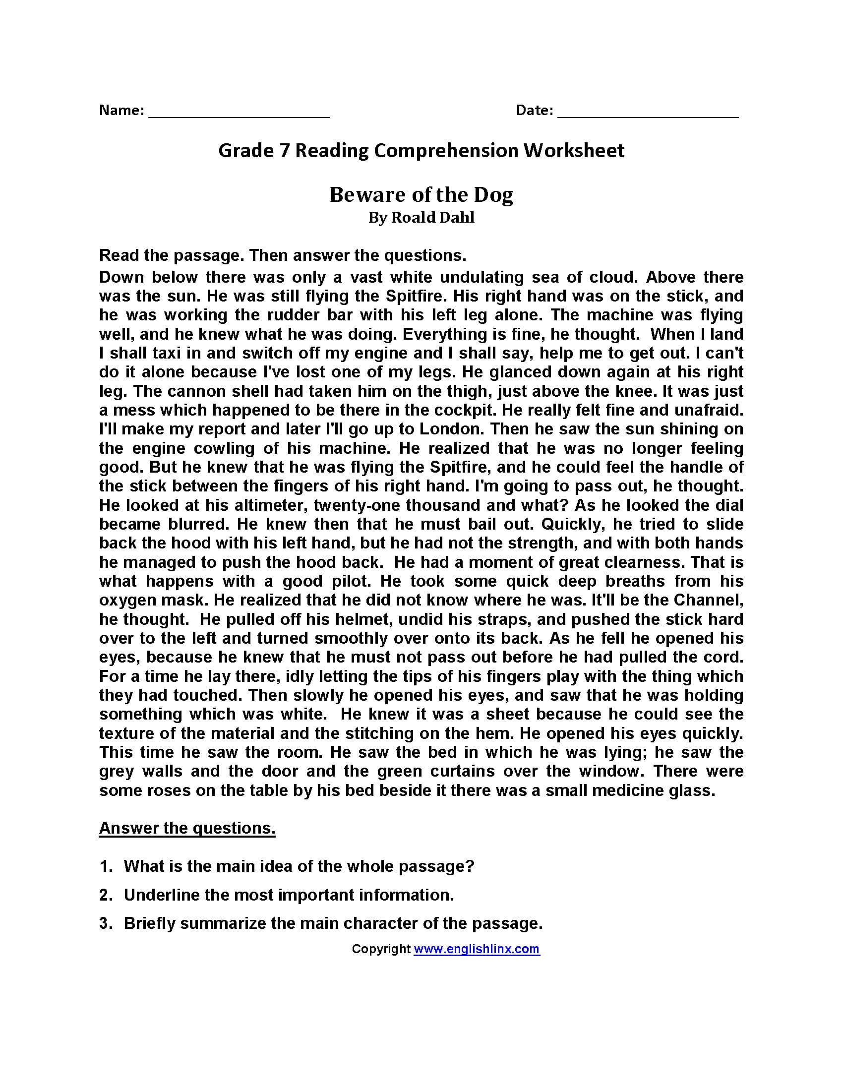 Reading Worksheets  Seventh Grade Reading Worksheets