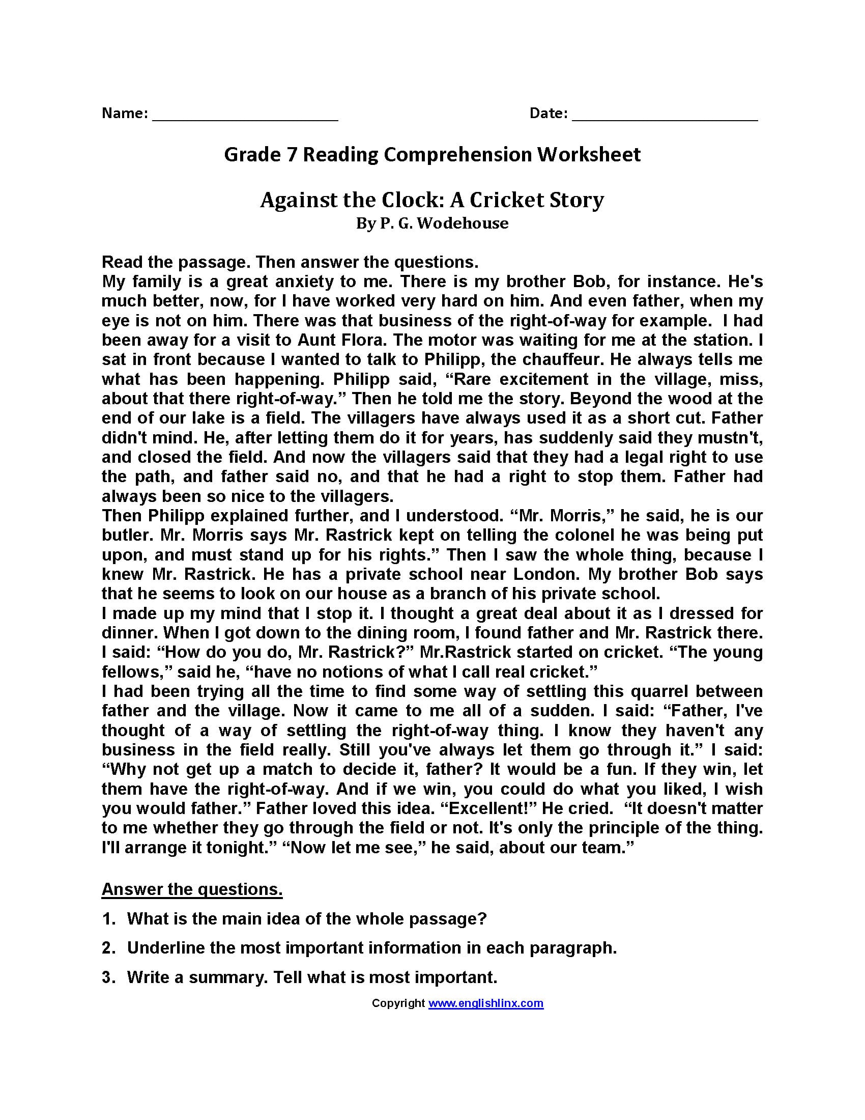 7Th Grade Reading Comprehension Worksheets Pdf Db excel