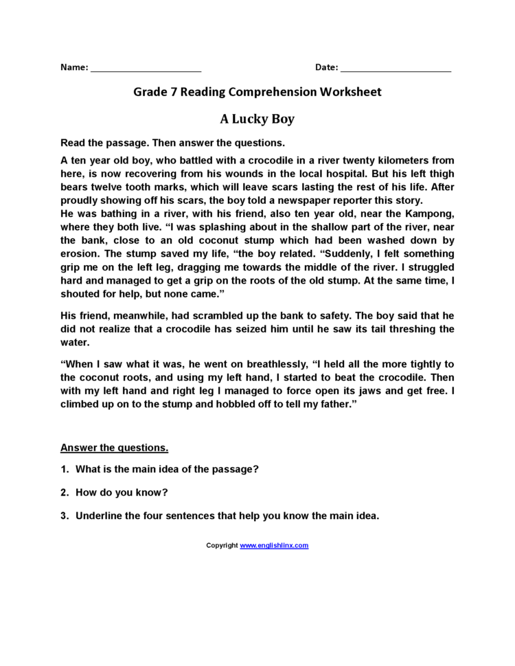 Reading Worksheets  Seventh Grade Reading Worksheets