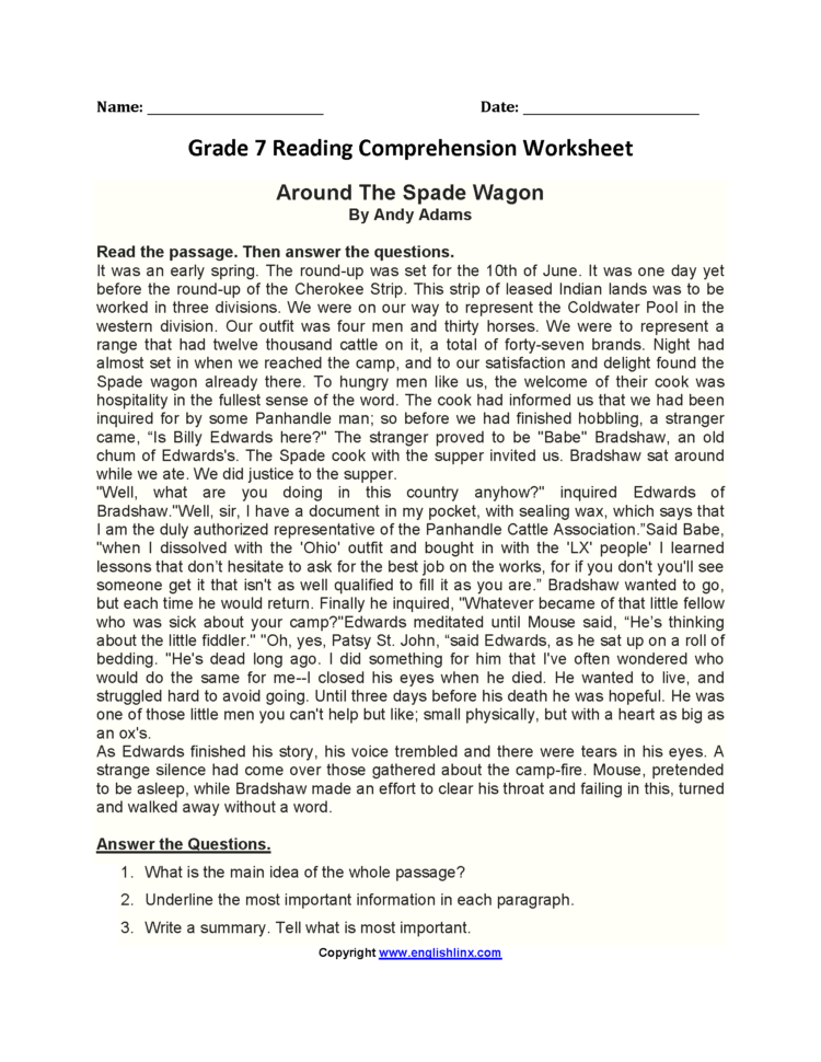 Reading Worksheets  Seventh Grade Reading Worksheets
